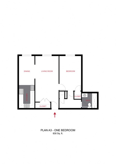 Floor plan for 1 bed, 1 bath, 630 sqft